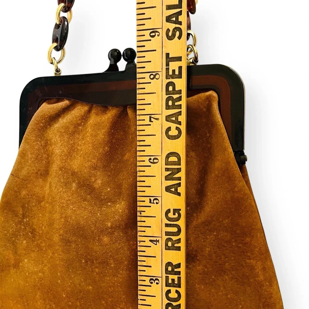 Vintage Saks Fifth Avenue Suede Satchel Shoulder Bag Brown Lucite Strap‎